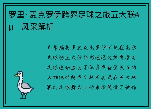 罗里·麦克罗伊跨界足球之旅五大联赛风采解析