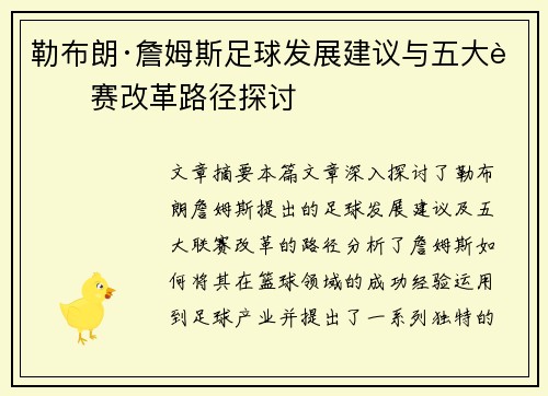 勒布朗·詹姆斯足球发展建议与五大联赛改革路径探讨
