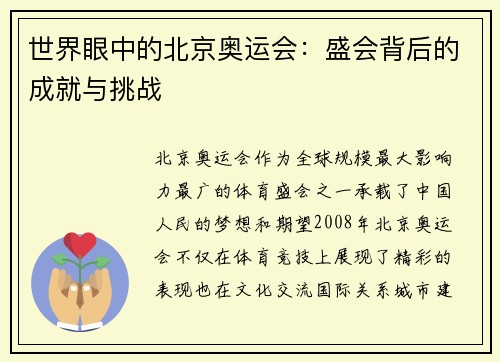 世界眼中的北京奥运会：盛会背后的成就与挑战